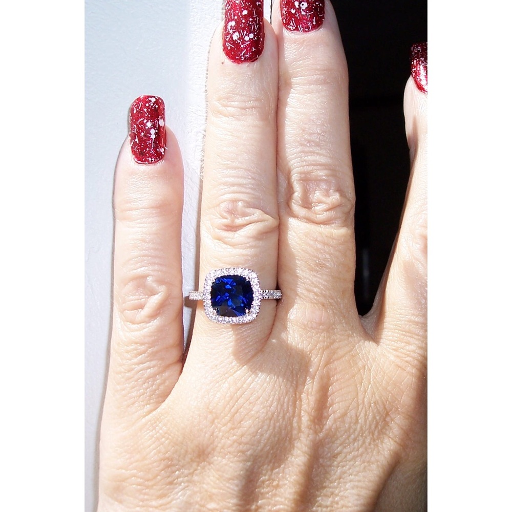 925 STERLING SILVER Cushion Cut Blue Spinel & Cubic Zirconia Halo Ring - Picture 3 of 16
